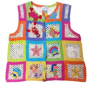 Vintage Crochet Vest Sleeveless Multicolor Patchwork Sea Life Applique Size M